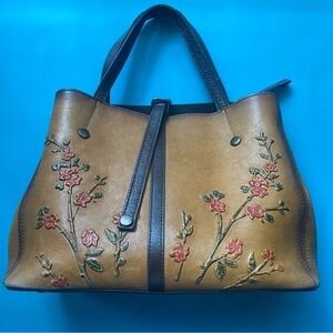 Medium Leather Yellow Vintage Flower Embossed Leather Handbag Crossbody Satchel